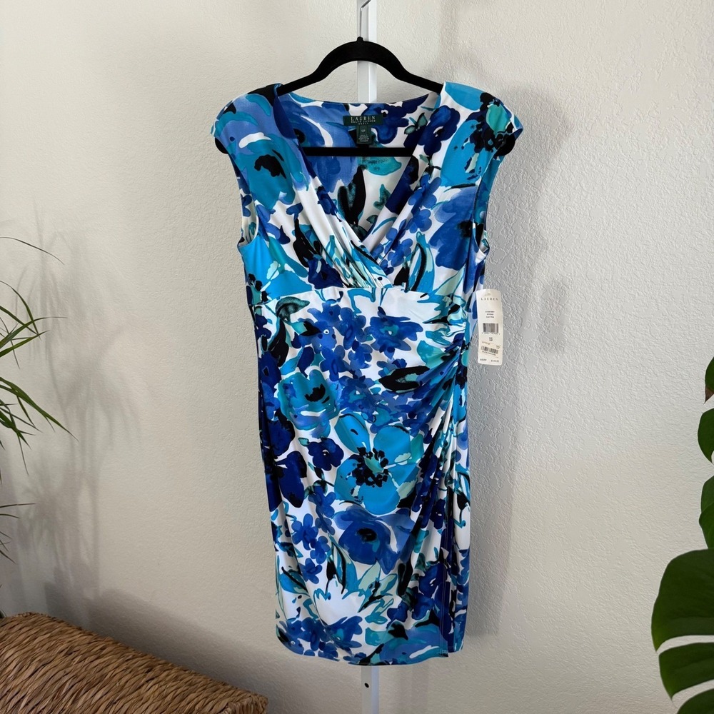 NWT Lauren Ralph Lauren Blue Floral Sleeveless Ruched Sheath Dress 12P